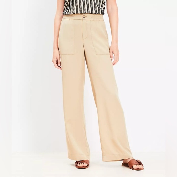 Loft Tan Beige Patch Pocket Wide Leg Pants Size 10 - Picture 1 of 10